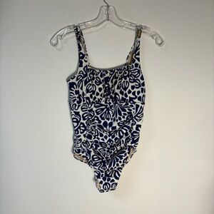 Lands End Womens Blue and White Patterned Swimsuit Floral Ruched Soft Cup Sz8